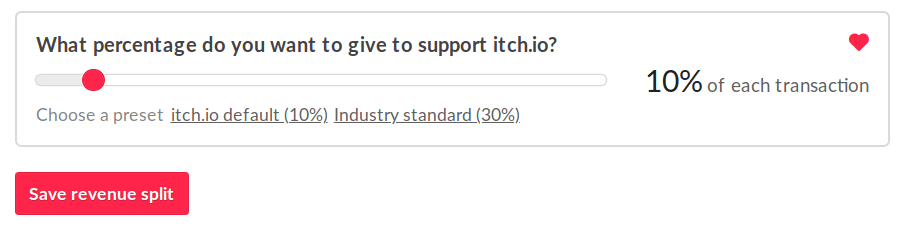 itch.io's Open Revenue Share slider, located in account settings